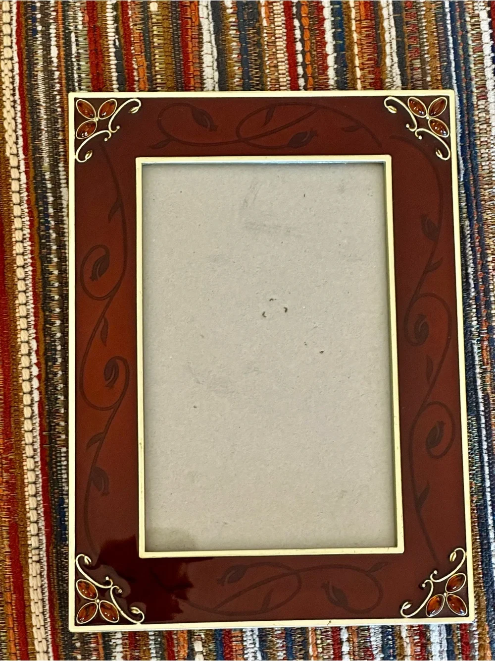 Vntg 2004 Burnes Boston red Enamel picture frame jeweled corner accents 3.5x5.5